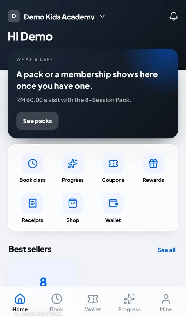 Parent app home with booking and payment shortcuts